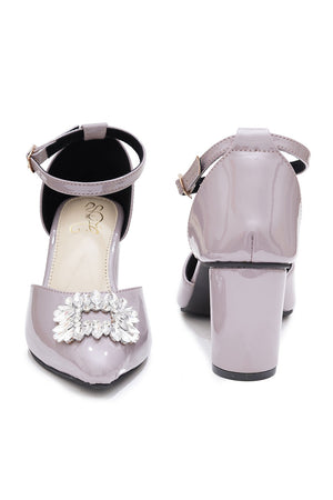 Grey Embellished Pu Leather Heels