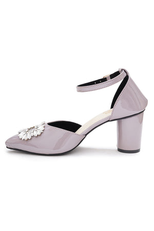 Grey Embellished Pu Leather Heels