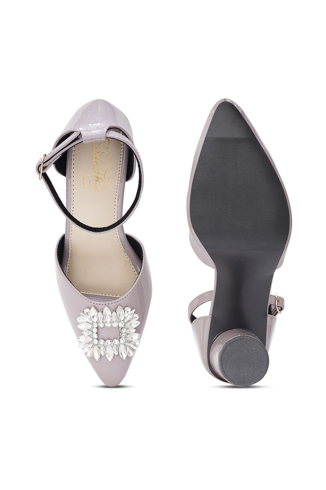 Grey Embellished Pu Leather Heels