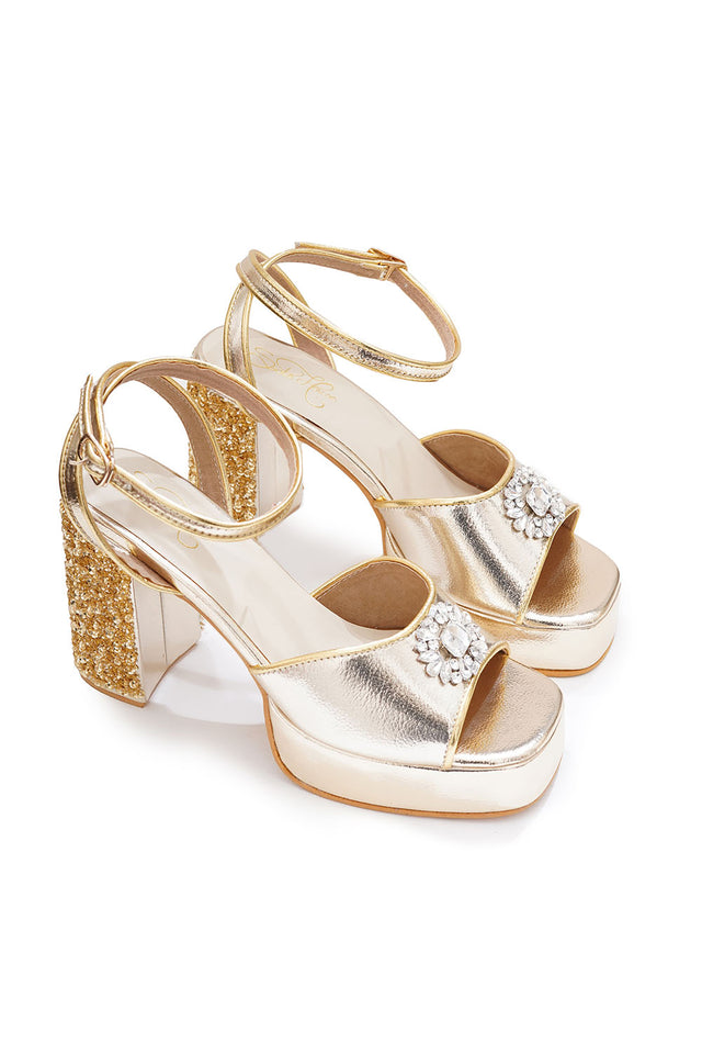 Gold Embroidered Pu Leather Heels