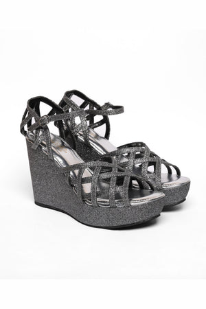 Black Shimmer Pu Leather Wedges