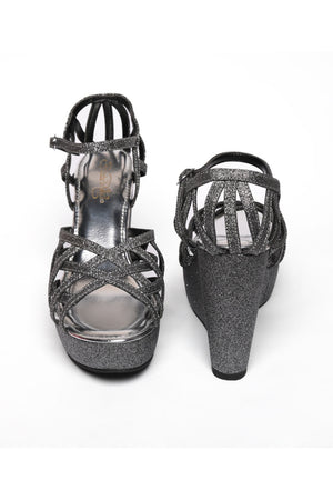 Black Shimmer Pu Leather Wedges