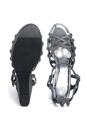 Black Shimmer Pu Leather Wedges