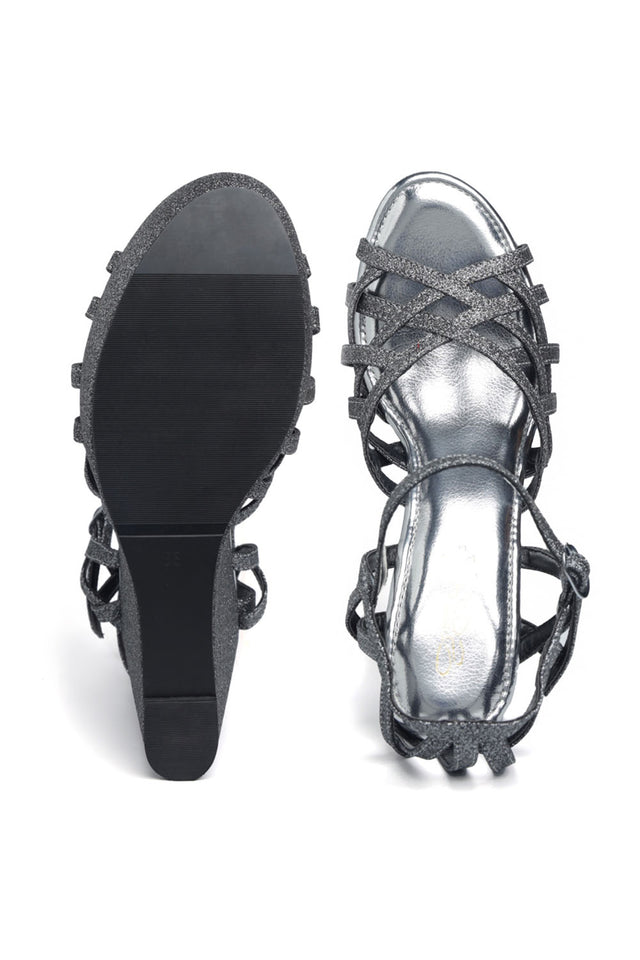 Black Shimmer Pu Leather Wedges