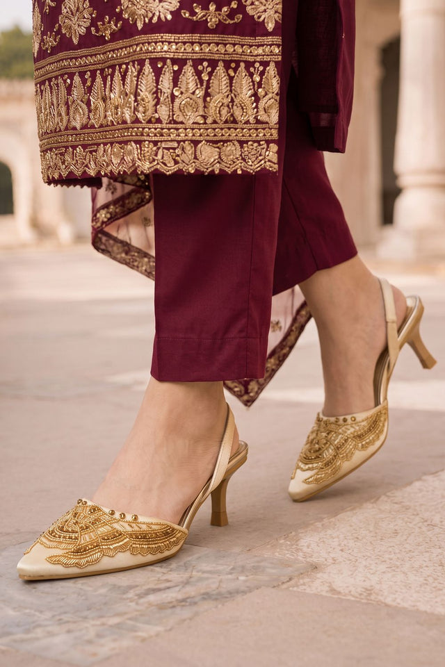Gold Golden detailed Faux Leather Pencil Heel (3422)