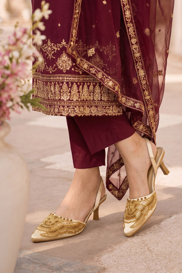 Gold Golden detailed Faux Leather Pencil Heel (3422)