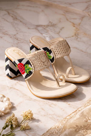 Cream Floral Embroidered Faux Leather Block Heel (3423)