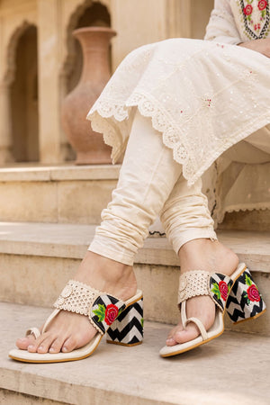 Cream Floral Embroidered Faux Leather Block Heel (3423)