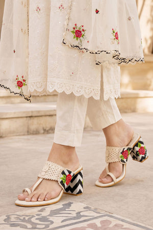 Cream Floral Embroidered Faux Leather Block Heel (3423)
