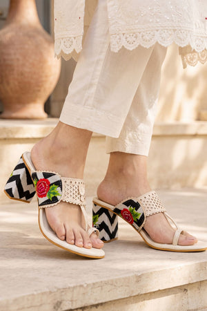 Cream Floral Embroidered Faux Leather Block Heel (3423)