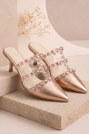 Gold Sparkling Crystal Strap Faux Leather Pencil Heel (3424)