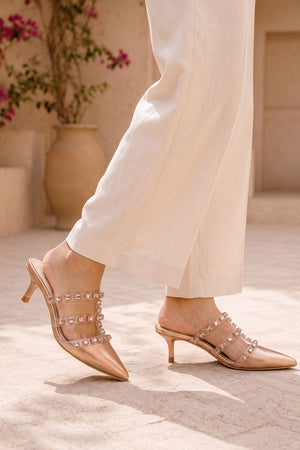 Gold Sparkling Crystal Strap Faux Leather Pencil Heel (3424)
