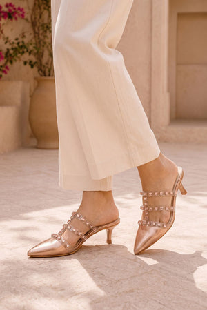 Gold Sparkling Crystal Strap Faux Leather Pencil Heel (3424)