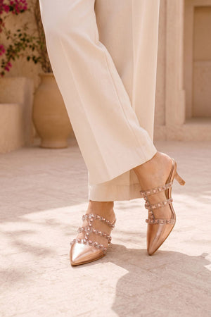 Gold Sparkling Crystal Strap Faux Leather Pencil Heel (3424)