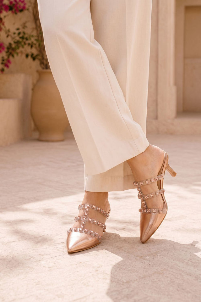 Gold Sparkling Crystal Strap Faux Leather Pencil Heel (3424)