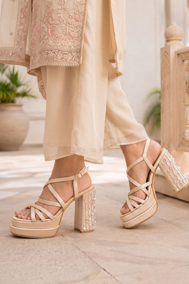 Gold Crystal Embellishment Faux Leather PlatForm Heel (3426)