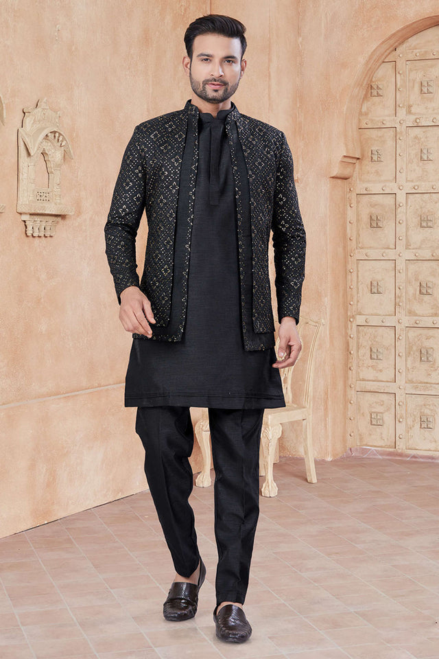 Black Sequin with Embroidered Silk Kurta Pyjama Set