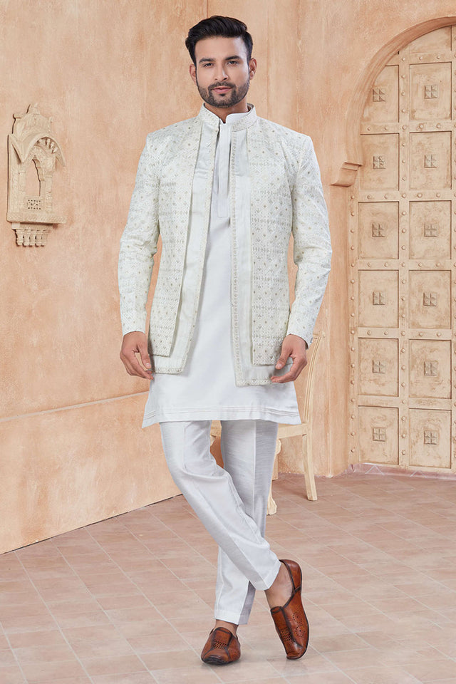 White Sequin with Embroidered Silk Kurta Pyjama Set
