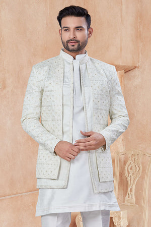 White Sequin with Embroidered Silk Kurta Pyjama Set