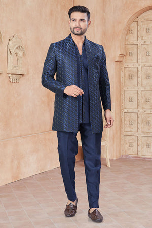 Navy-Blue Sequin with Embroidered Silk Kurta Pyjama Set