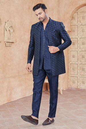 Navy-Blue Sequin with Embroidered Silk Kurta Pyjama Set