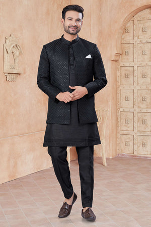 Black Sequin with Embroidered Silk Kurta Pyjama Set