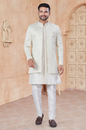 White Sequin with Embroidered Silk Kurta Pyjama Set