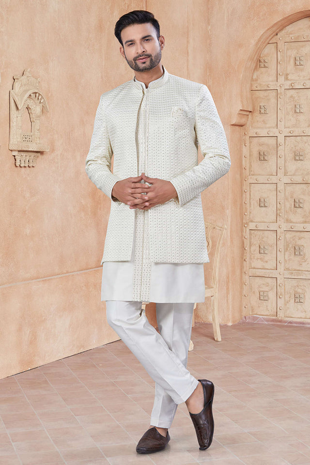 White Sequin with Embroidered Silk Kurta Pyjama Set
