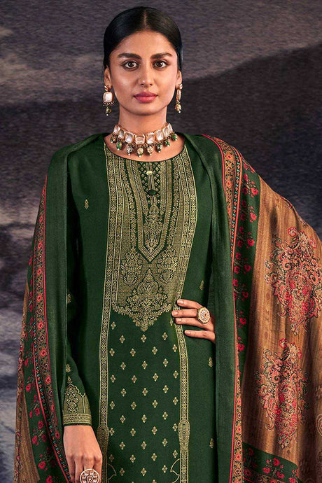 Buy Green Pashmina Jacquard Dress Material Online - Side