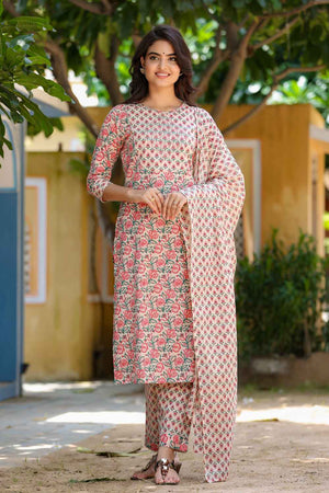 Pink Floral Print Mirror Work?¨ Pure Cotton Kurti Pant Set