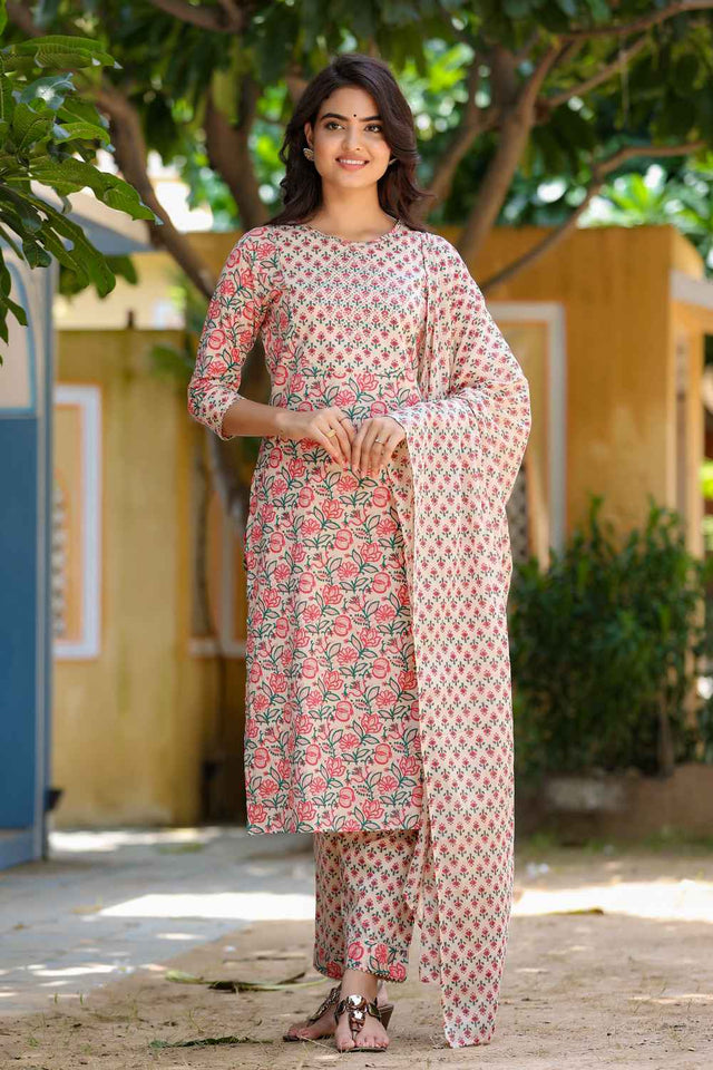 Pink Floral Print Mirror Work?¨ Pure Cotton Kurti Pant Set