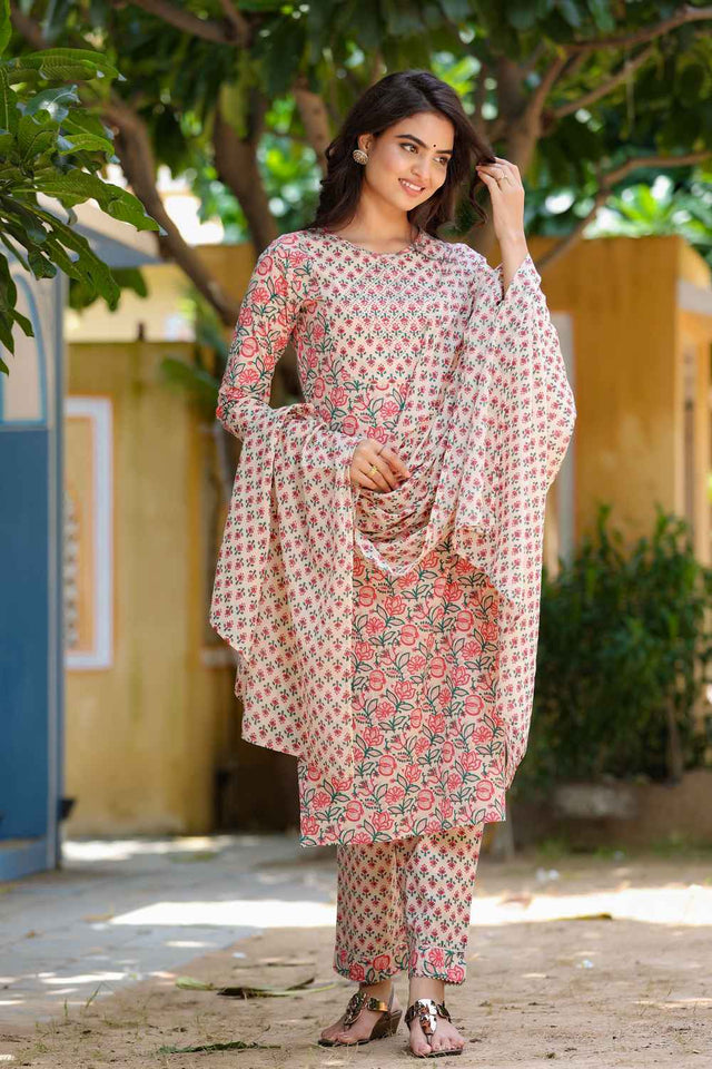 Pink Floral Print Mirror Work?¨ Pure Cotton Kurti Pant Set