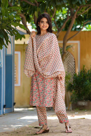 Pink Floral Print Mirror Work?¨ Pure Cotton Kurti Pant Set