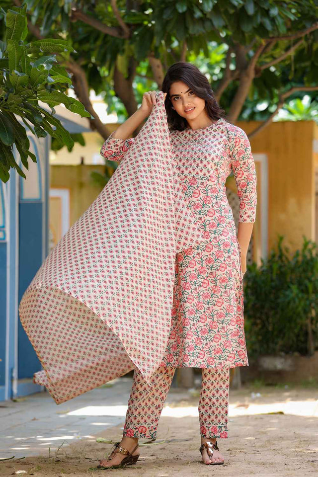 Pink Floral Print Mirror Work?¨ Pure Cotton Kurti Pant Set