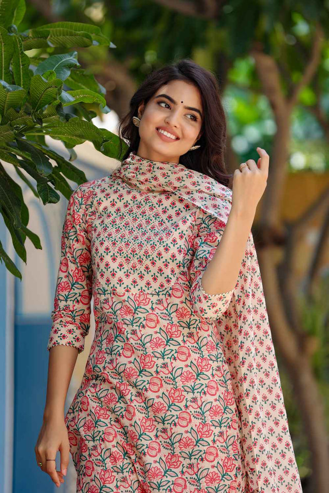Pink Floral Print Mirror Work?¨ Pure Cotton Kurti Pant Set