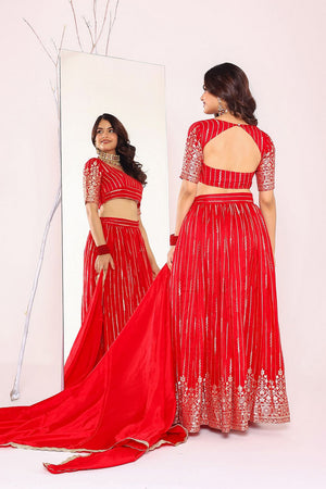 Red Embroidered Silk Lehenga (3Redbrocad)