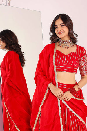 Red Embroidered Silk Lehenga (3Redbrocad)