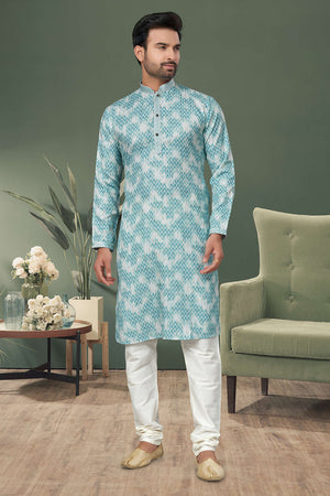 Blue Printed Cotton Kurta Pyjama Set