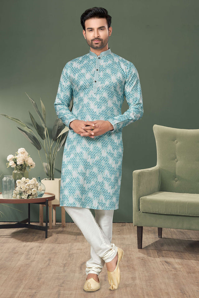 Blue Printed Cotton Kurta Pyjama Set