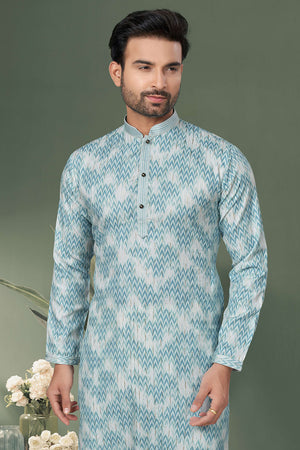 Blue Printed Cotton Kurta Pyjama Set