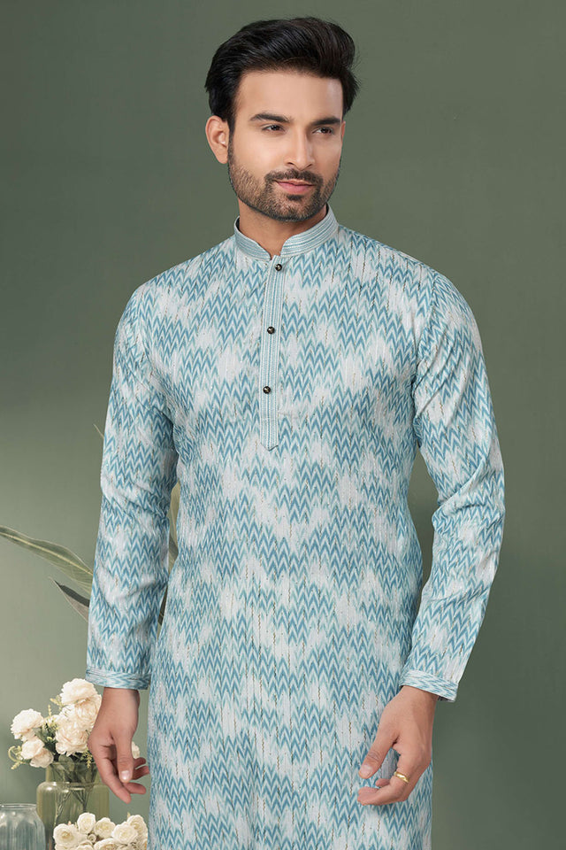 Blue Printed Cotton Kurta Pyjama Set