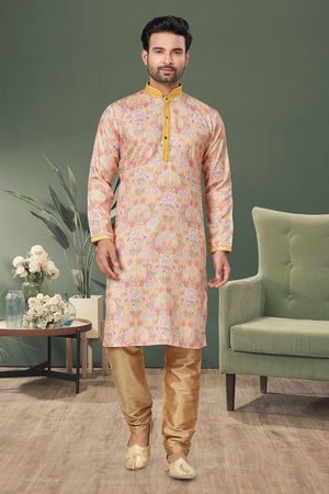Peach Printed Cotton Kurta Pyjama Set
