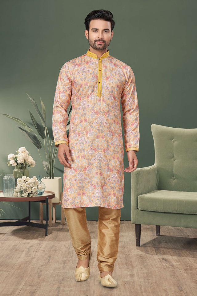 Peach Printed Cotton Kurta Pyjama Set