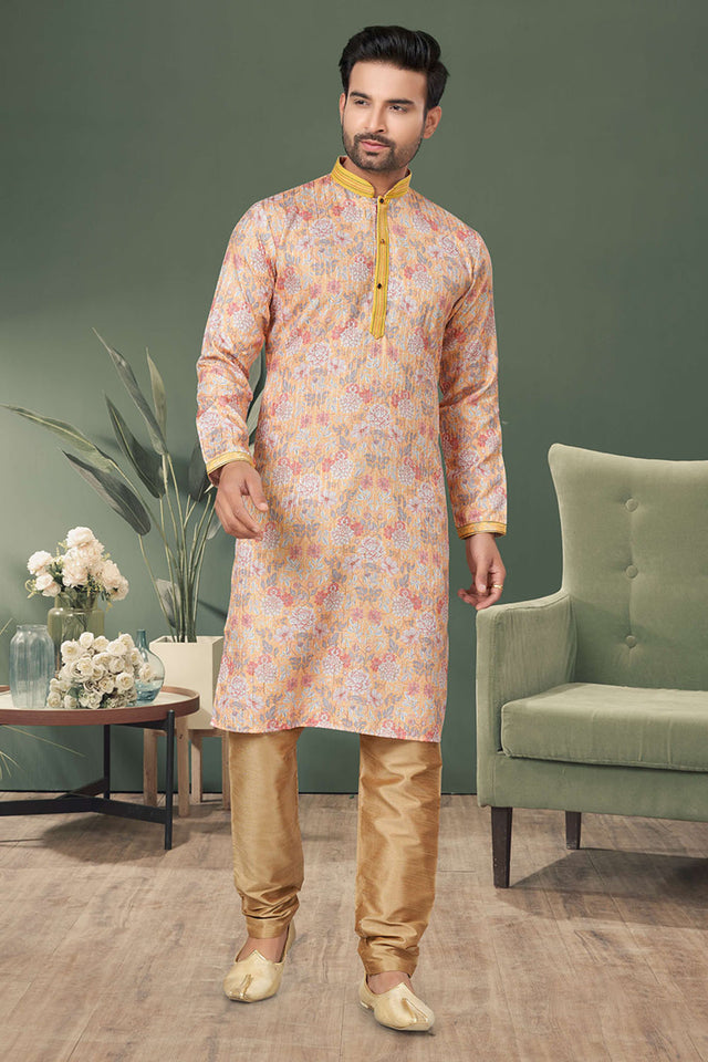 Peach Printed Cotton Kurta Pyjama Set