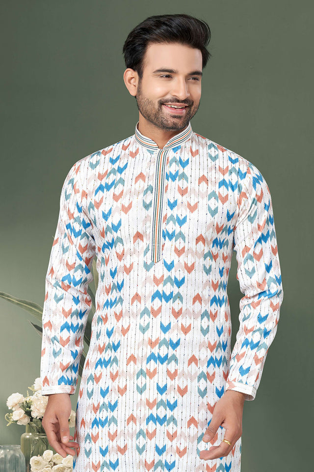 Multi-Color Printed Cotton Kurta Pyjama Set