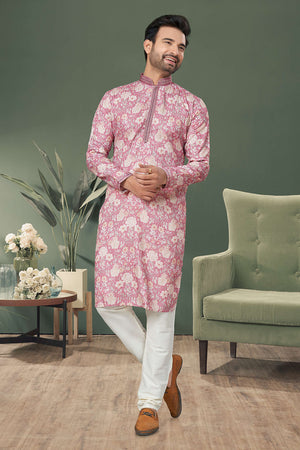 Pink Printed Cotton Kurta Pyjama Set