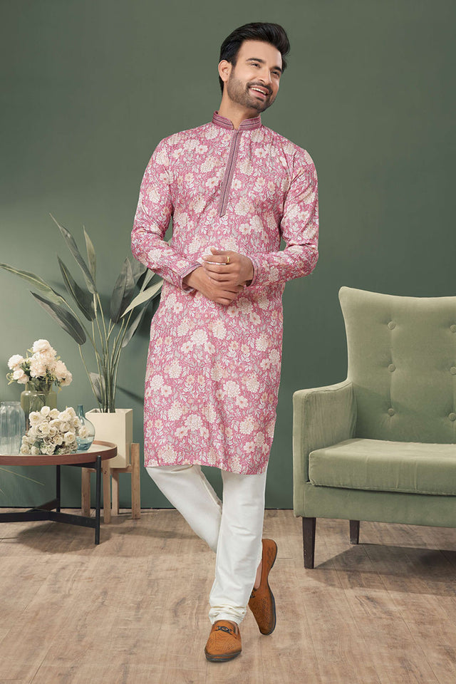 Pink Printed Cotton Kurta Pyjama Set
