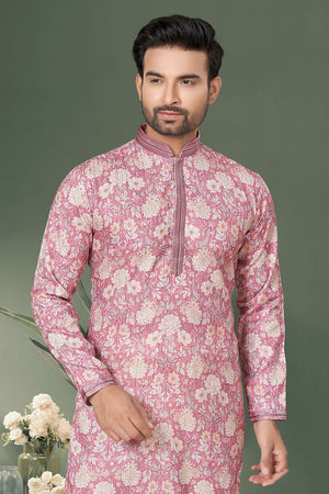 Pink Printed Cotton Kurta Pyjama Set