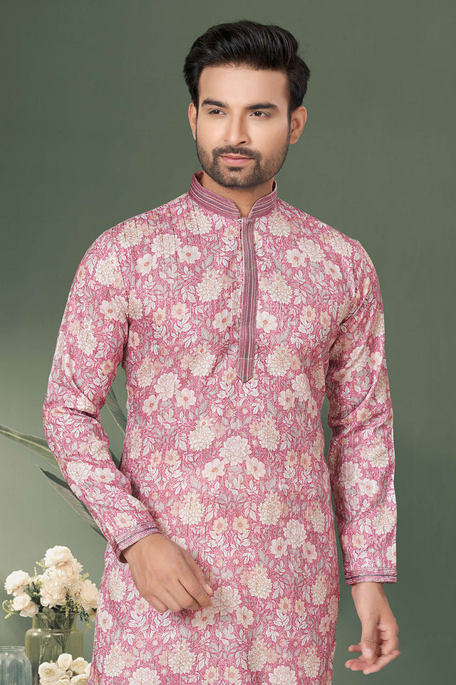 Pink Printed Cotton Kurta Pyjama Set