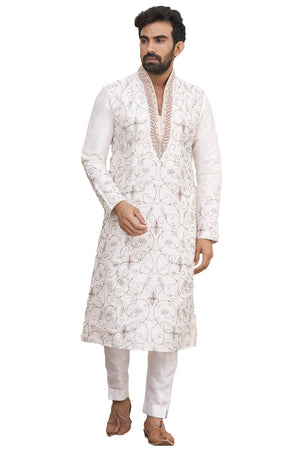 Men's Off White Silk Embroidered Full Sleeve Kurta Churidar - 40